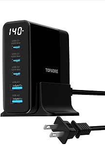 TOPADRE 140W USB C Charger Block, GaN Fast Multi Charging Station with Digital Display, USB C Laptop Charger for MacBook Pro/Air, Google Pixel, DELL XPS, iPhone, Galaxy, iPad, Switch and More