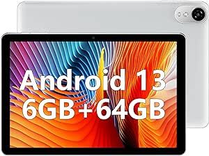 Tablet 10 inch Tablet Android 13 Tablet 6GB 64GB HD Tablet PC with 6000mAh Battery, WiFi, Bluetooth, Dual Camera, Parental Control, Google Play, Netflix, YouTube (Gray)