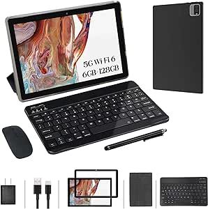 2 in 1 Tablet, 10 inch Tablets, Android Tablets with Keyboard, 6GB+128GB+1TB Expand, Quad-Core, Dual Camera, 1280 * 800 IPS HD Touch Screen, BT, 2.4G+5G+Wi-Fi 6, Game, Google GMS
